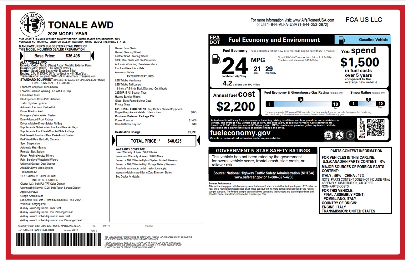 New 2025 Alfa Romeo Tonale For Sale ($40,625) 